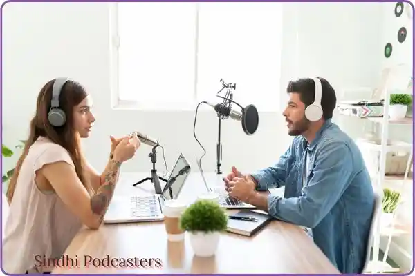 Sindhi podcasters is written with two persons male and female podcasting ,there is mic